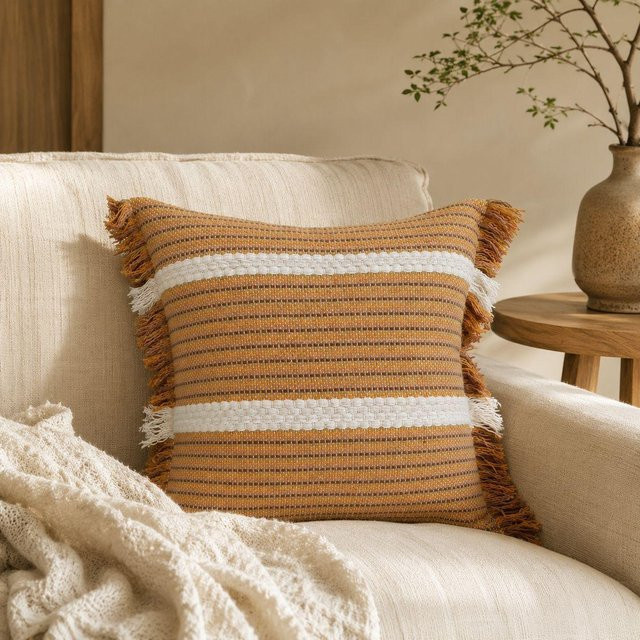 Boho Weberei Kissenbezug von JMG Clothing mit Streifen und Fransen in Orange, B/H: 45 x 45 cm - Bild 1