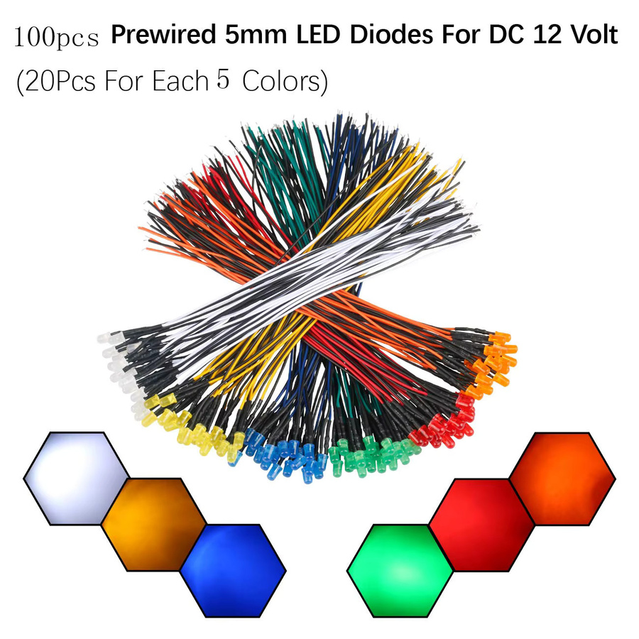 100 Stück LED-Sortimentsset 12V mit diffusen farbigen Linsen in RGB-Multicolor, vorverdrahtete 5 mm LED-Leuchten für DC 12 Volt - Bild 2