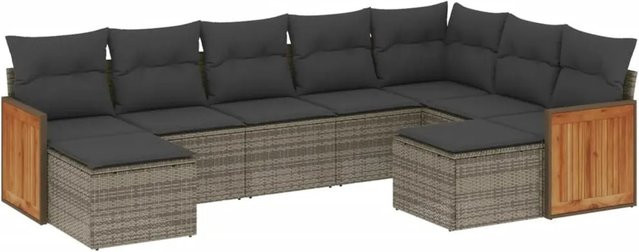 vidaXL 9-tlg Garten-Sofagarnitur in L-Form aus Polyrattan und Akazienholz in Grau mit Kissen - Bild 1