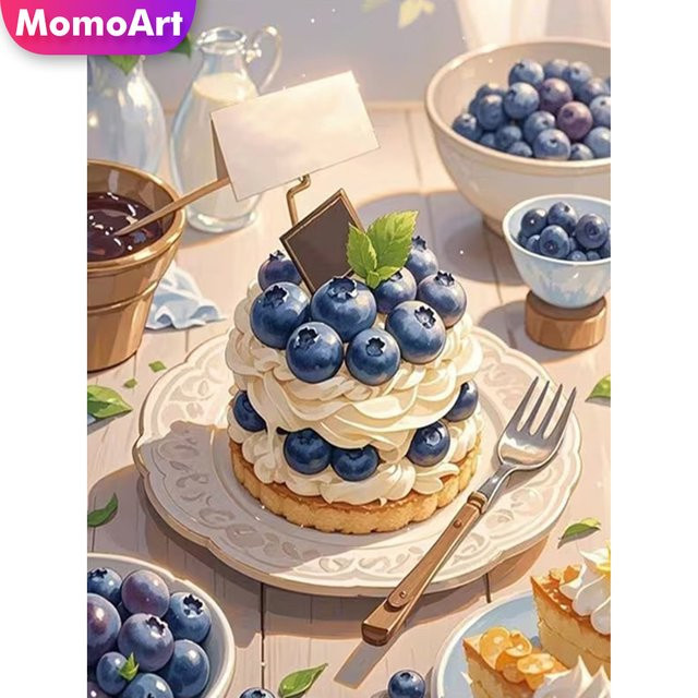 Momoart Diamantmalerei DIY Bild Blaubeeren Kuchen Motiv in Blau und Multicolour mit runden Strass-Steinen für Erwachsene - Bild 1