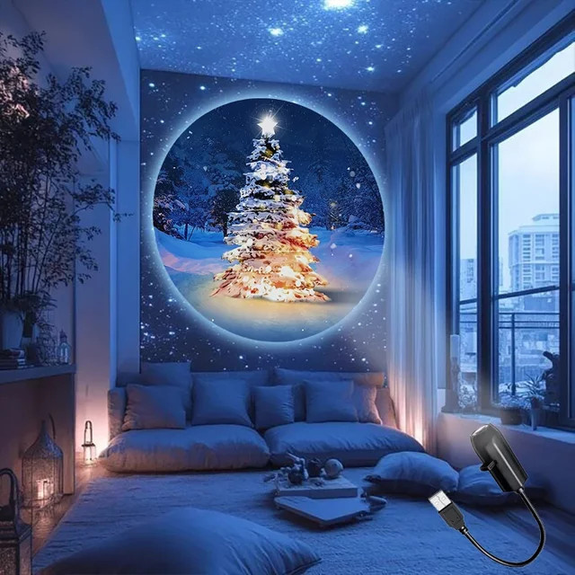 XIWANGFIRE USB-Weihnachtsprojektionslampe mit LED-Beleuchtung und Weihnachtsmustern in Schwarz - Bild 1