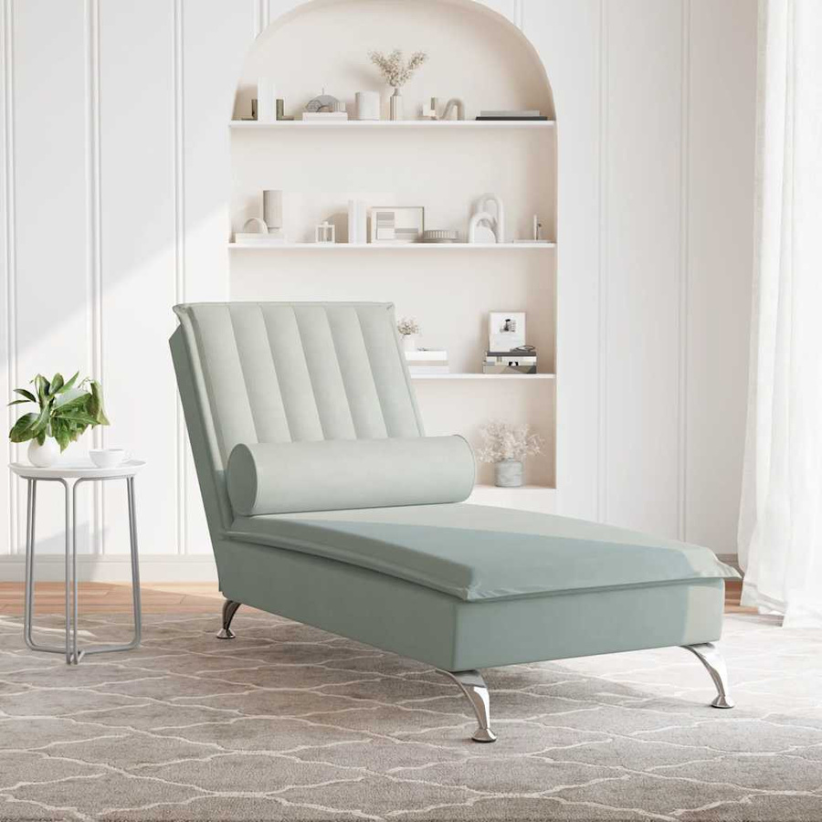 vidaXL Massage-Chaiselongue aus Samt in Hellgrau mit Nackenrolle - Bild 2