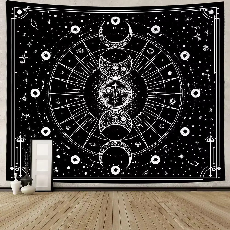 VIKAMA Wandteppich Sonnen Gott und Mondgöttin in Schwarz-Weiß, mystischer Boho Wandbehang mit astrologischem Motiv, Breite: 60 cm, Höhe: 40 cm - Bild 1