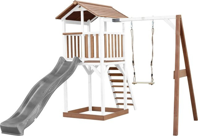 Axi Beach Tower Spielturm mit Einzelschaukel und Rutsche in Braun, Weiß und Grau, B/H/T: 283,6 x 241,9 x 349 cm - Bild 1