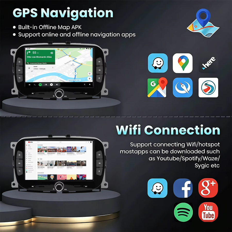 ESSGOO Android 15 Autoradio mit 7 Zoll IPS Touchscreen für Fiat 500 (2016-2019), 4+64GB, Wireless Carplay, Android Auto, GPS, WiFi, Bluetooth, FM, RDS, SWC und Mirror Link, Schwarz - Bild 3