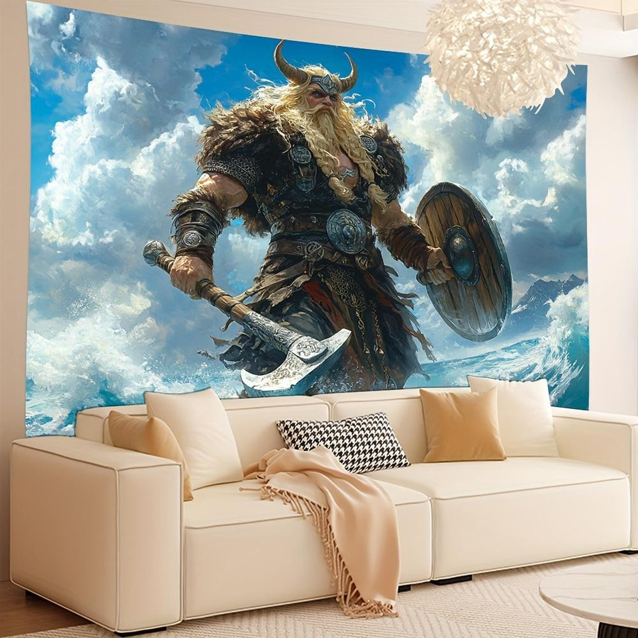 Wikingerkrieger Wandteppich von JMG Household Supplies, Nordischer Held mit Axt und Schild in Meereswellen, Fantasy Wandbehang für dein Wohnzimmer oder Schlafzimmer, B: 70 cm, H: 100 cm - Bild 2