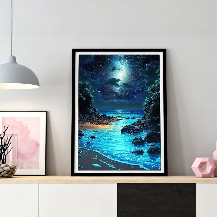 HUACAN Diamantmalerei Küstenlandschaft 5D Strand Motiv in Blau mit runden Steinen für deine Heimdekoration B/H: 20 x 30 cm - Bild 3