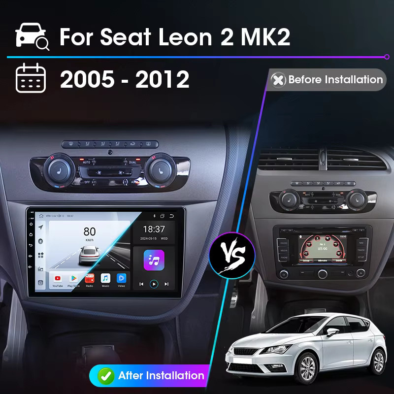 Srnubi 2 DIN Wireless Carplay Android Autoradio mit GPS für Seat Leon 2 MK2 2005–2012 Multimedia Player Stereo Head Unit in Schwarz - Bild 2