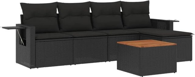 vidaXL 6-teilige Garten-Sofagarnitur aus Polyrattan und Akazienholz in Schwarz mit Kissen - Bild 1