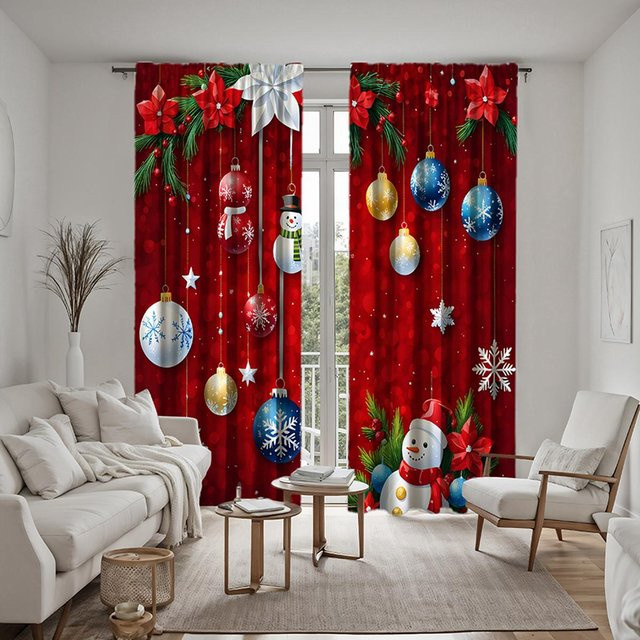 2er-Set Weihnachts-Dekorationsvorhang mit roter Blume und Schleife, rot, B: 132 cm, H: 160 cm - Bild 1
