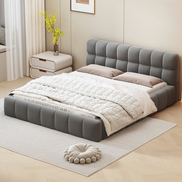 Anajqaqia Polsterbett aus Leinen für das Schlafzimmer, B/T: 140 x 190 cm, Beige/Grau - Bild 1