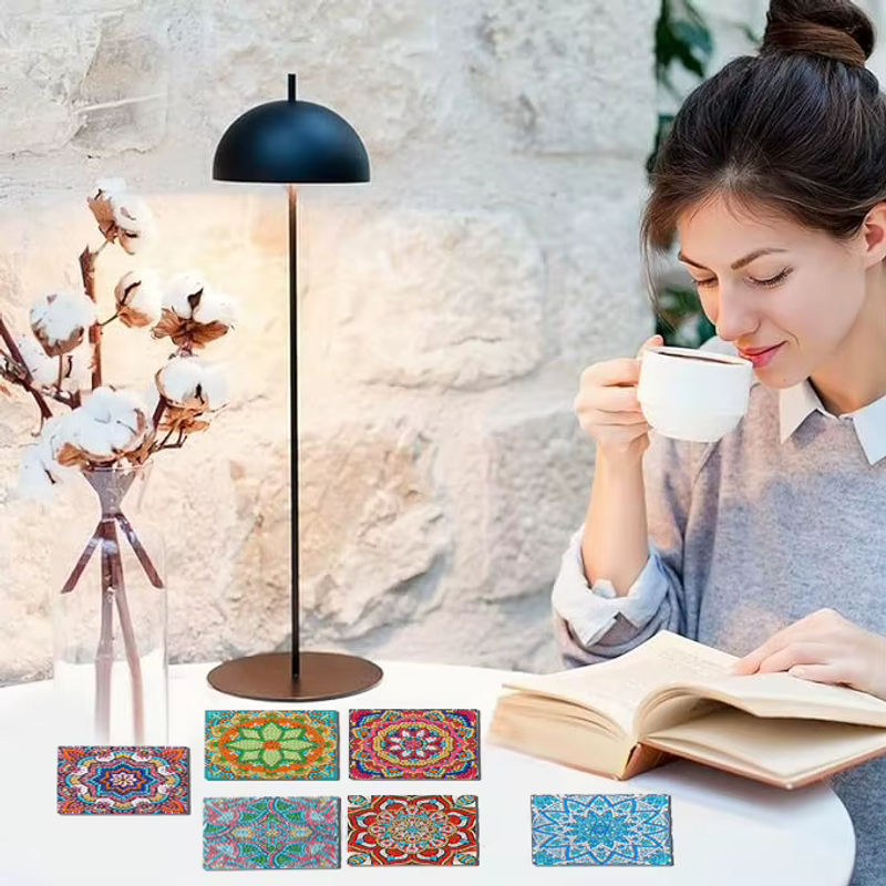 6er Set DIY Diamant-Malerei Kunstset mit Mandala-Blumenmuster und Untersetzern in Multicolor - Bild 4