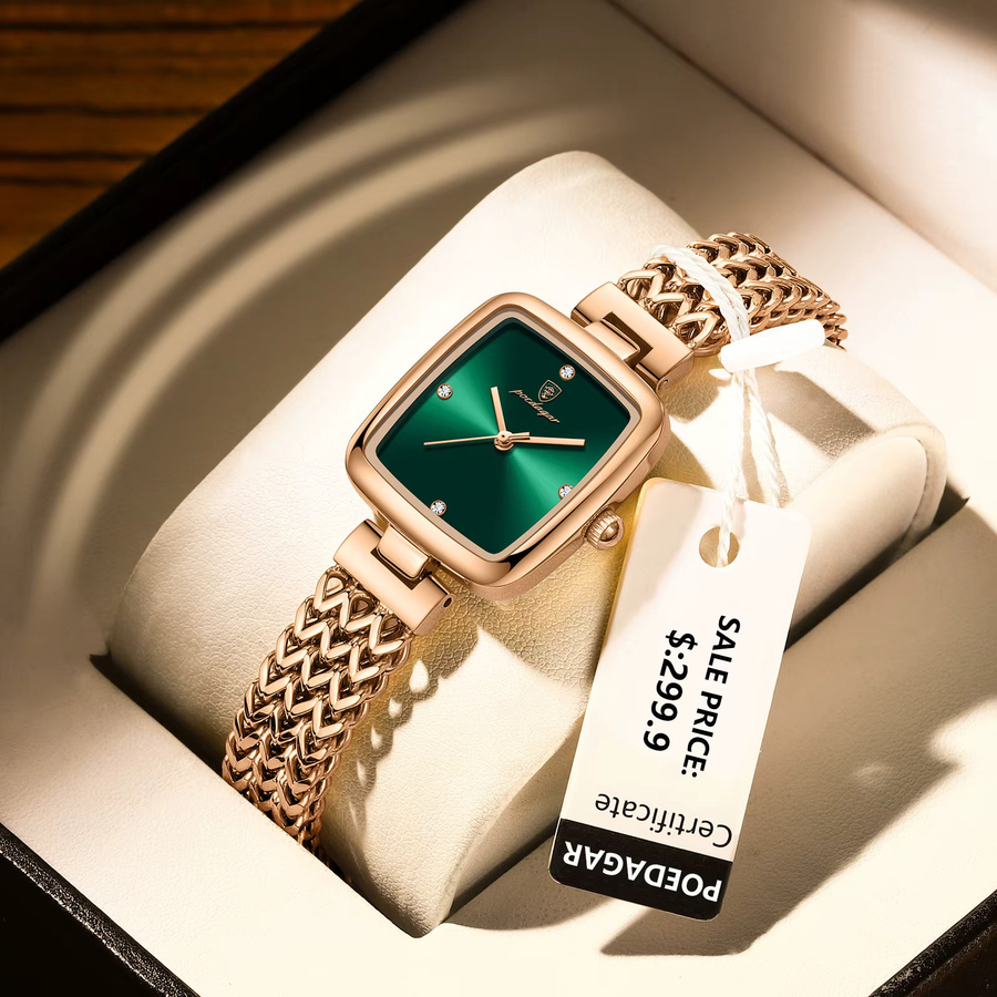 POEDAGAR Armbanduhr, Quarz, Edelstahl, Eckig, Grün, Damen - Bild 2