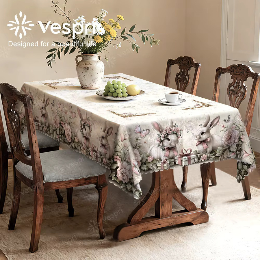Vespri Oster-Tischdecke Weiß-Grau mit floralem Design und Hasen, Rund - Bild 2