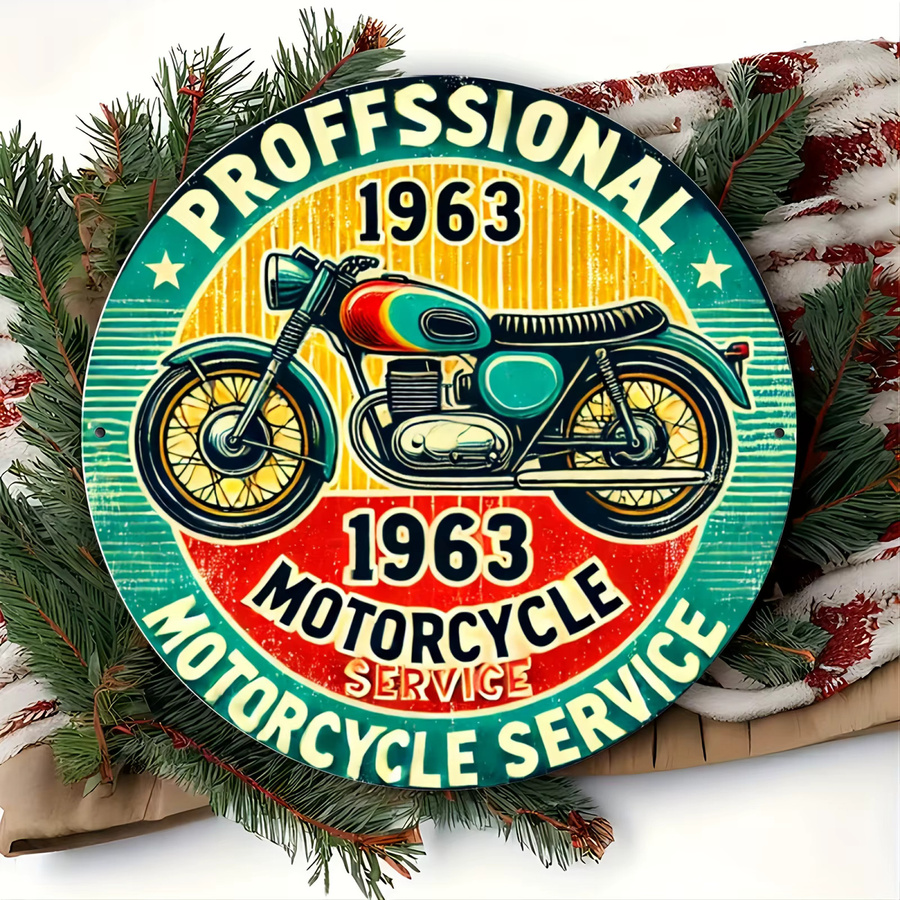 Potdemiel Retro-Metallschild 1963 Professioneller Motorradservice, rundes Aluminiumschild im Vintage-Design, Durchmesser: 20,3 cm, Mehrfarbig - Bild 5