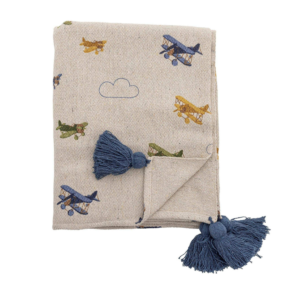 Bloomingville Mini Plane Plaid Teppich aus recycelter Baumwolle in Beige und Blau mit Fransen, B/B: 130 x 160 cm - Bild 1