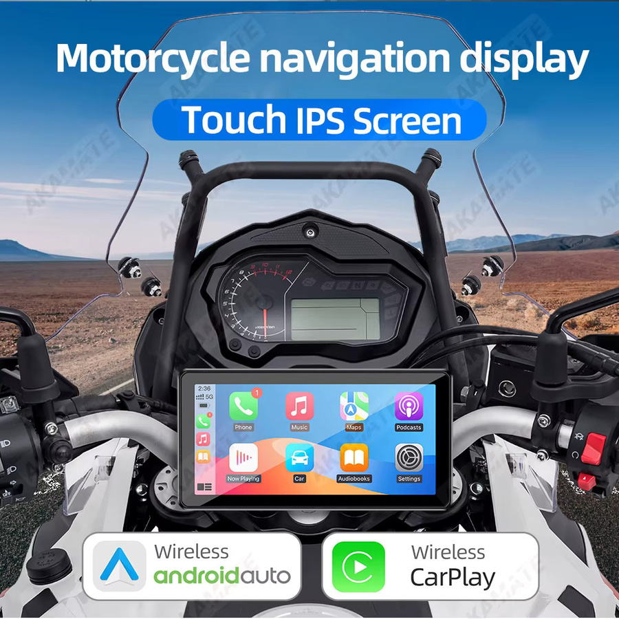 AKAMATE Motorrad-Monitor mit kabellosem CarPlay und Android Auto, tragbares GPS-Navigationsgerät mit Bluetooth und IPS Touchscreen in Schwarz - Bild 2