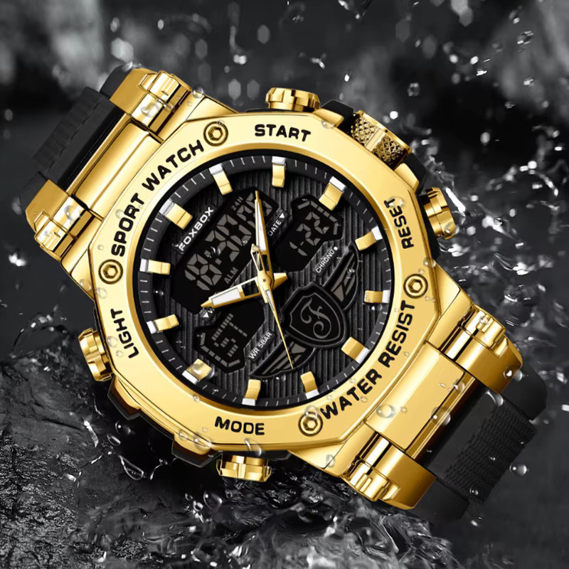 FOXBOX Chronograph Armbanduhr, Quarz, Silikon, Herren, Schwarz, Gold - Bild 2