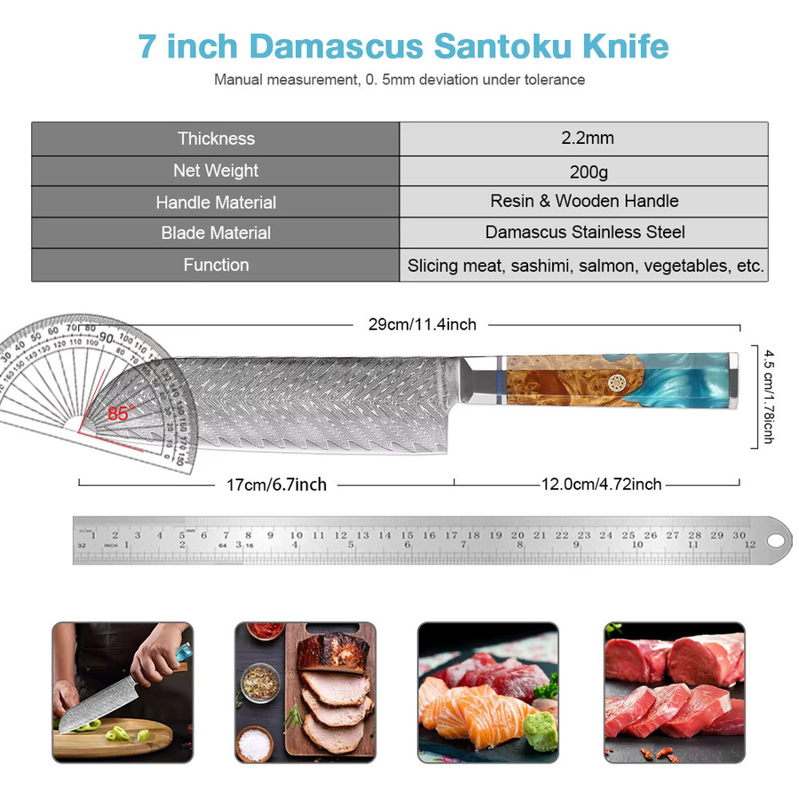 XITUO Santoku-Messer aus Damaszener Stahl mit Holzgriff, 17,78 cm, Mehrfarbig - Bild 2