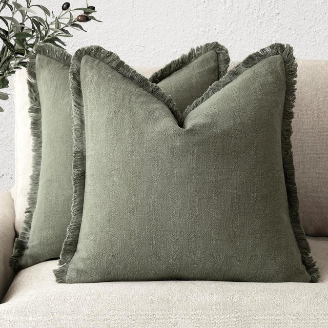 JMG Clothing Kissenbezug aus Leinen und Baumwolle mit Fransen im Boho-Stil, Hellrosa, B/H: 50 x 50 cm - Bild 1