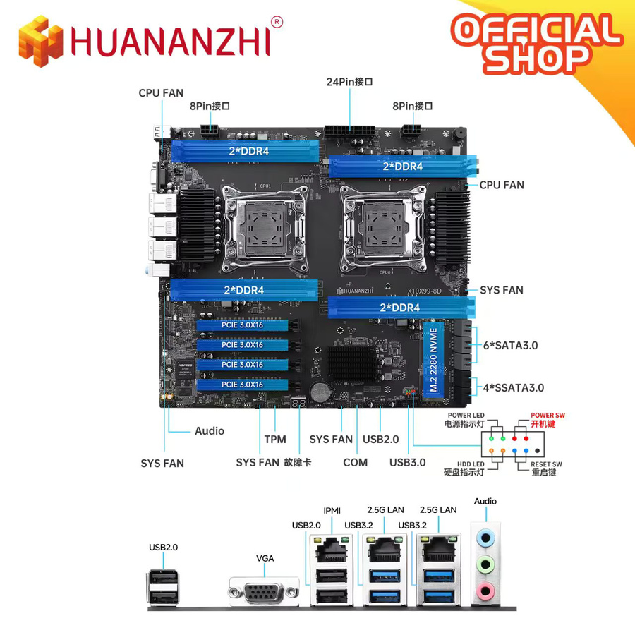 HUANANZHI X10X99-8D+ TPM2.0 Motherboard LGA2011-3 mit Dual 2.5G LAN, DDR4 und PCIe 3.0 in Schwarz - Bild 6
