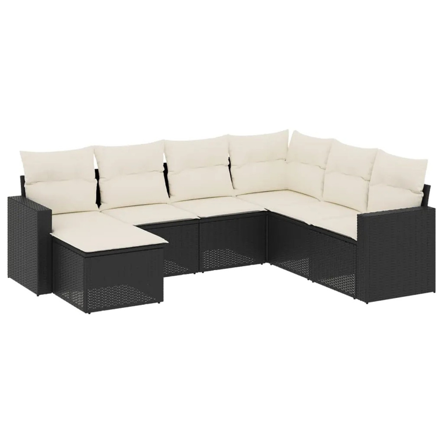 vidaXL 7-tlg Garten-Sofagarnitur in L-Form aus schwarzem Poly-Rattan mit Kissen und pulverbeschichtetem Stahlgestell - Bild 2