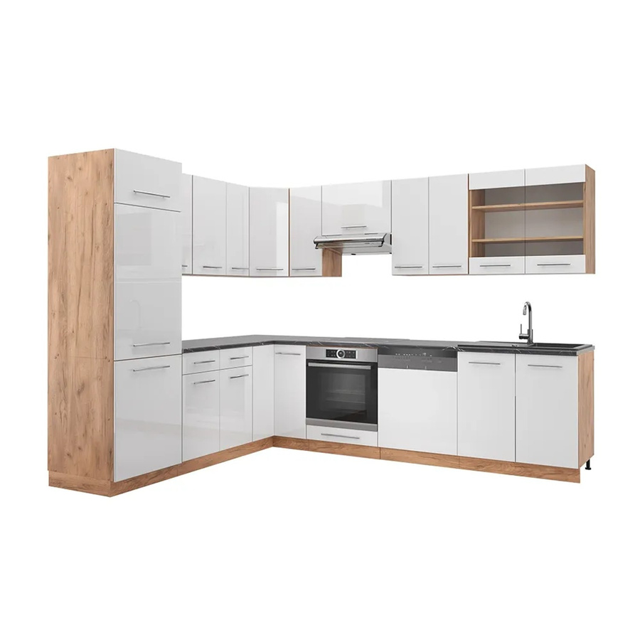 Vicco Eckküche Fame-Line Einbauküche in Eiche und Weiß, modern mit Soft-Close-Türen und Hängeglasschrank, B/T/H: 227 x 60 x 287 cm - Bild 2