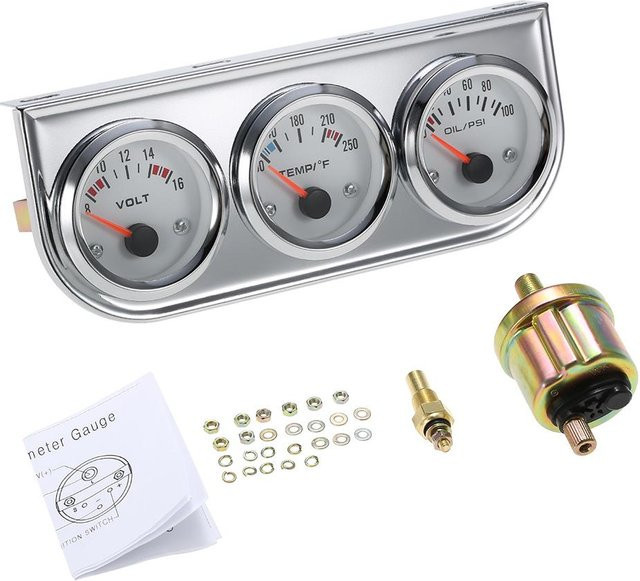 3 in 1 Messgerät Kit für das Auto mit Öldruckanzeige, Wassertemperaturanzeige in Fahrenheit und Voltmeter, Chrom/Silber/Bunt, 52 mm - Bild 1