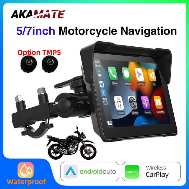AKAMATE Motorrad GPS Navigation Monitor mit drahtlosem CarPlay und Android Auto, wasserdichter 5 Zoll oder 7 Zoll IPS Bildschirm mit Bluetooth, Schwarz - Bild 1