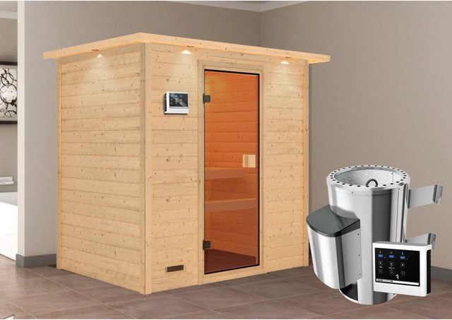 Karibu Massivholzsauna Selena aus Fichte mit 3,6 kW Ofen, externem Steuergerät und LED-Dachkranz in Natur/Bronze, B/T/H: 195 x 145 x 223 cm - Bild 1