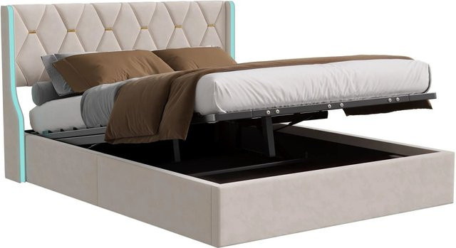 PXloue Bettrahmen mit hydraulischem Stauraum und LED-Beleuchtung aus Samt in Beige, B/T/H: 140 x 200 x 168 cm - Bild 1