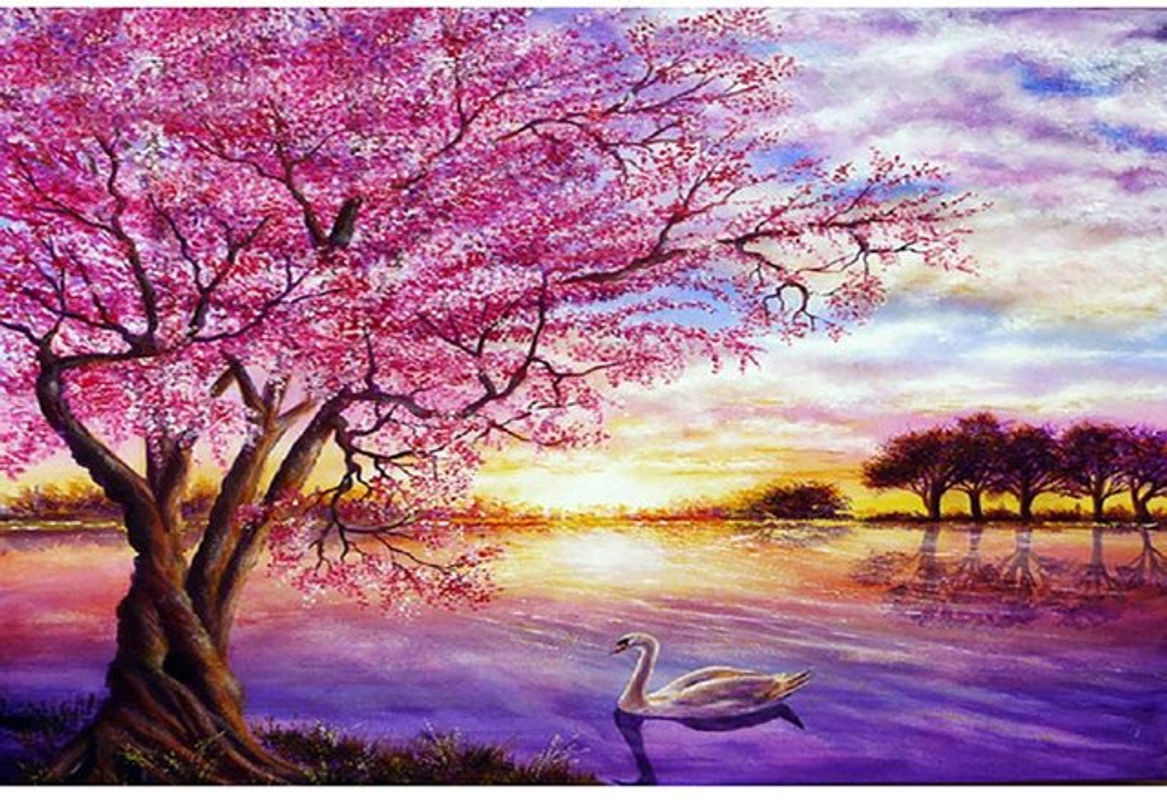 FIYO Diamond Painting Set Sonnenuntergang mit Kirschbaum als 5D DIY Kreuzstich Mosaik Dekoration, mehrfarbig, B x H: 30 x 20 cm - Bild 1