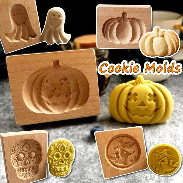 Cippes Halloween Keksformen aus Holz mit 3D-Prägung für Lebkuchen in Kürbis, Schädel, Geist und Hexe, Farben: Orange und Braun - Bild 1