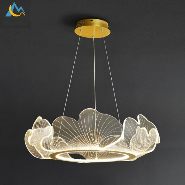Lava Corki Nordic LED Acryl Kronleuchter im Lotus Blatt Design mit Tricolor Light in Gold/Messing und Weiß für Wohnzimmer, Esszimmer, Schlafzimmer oder Studie - Bild 1