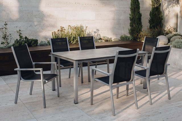 Kettler Cubic Garten-Essgruppe aus Aluminium und Textilene in Silber, Anthrazit und Grau mit Tisch und 6 Stapelsesseln, Tisch B: 160 cm, T: 90 cm, H: 74 cm - Bild 1