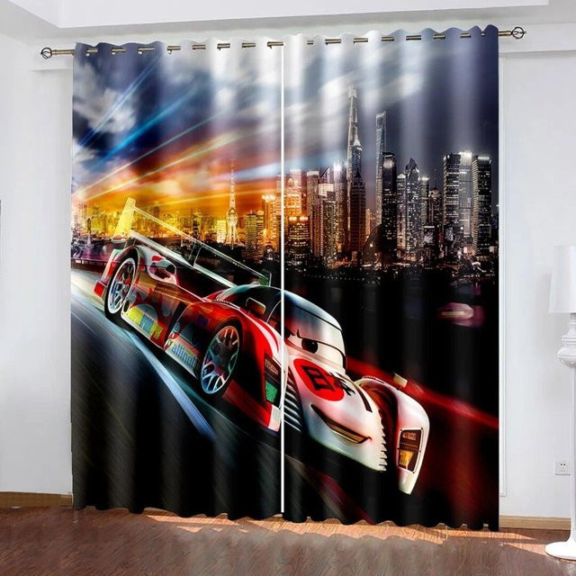 A Family Of Home Textiles 3D-Vorhang mit Sport-Rennwagen-Druck, 2er-Set, halbtransparent, Multicolour, Breite: 50 cm, Höhe: 160 cm - Bild 1