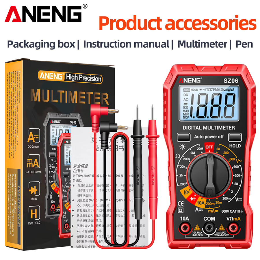 ANENG SZ06 Digitalmultimeter in Schwarz mit 1999 Zählung, AC/DC Amperemeter, 600 V Voltmeter, Widerstandsmesser und Diodentest mit LCD-Hintergrundbeleuchtung - Bild 6