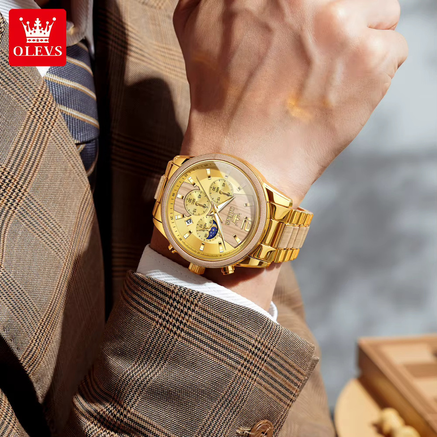 OLEVS Armbanduhr Quarz, Holz, Chronograph, Gold, Herren - Bild 4
