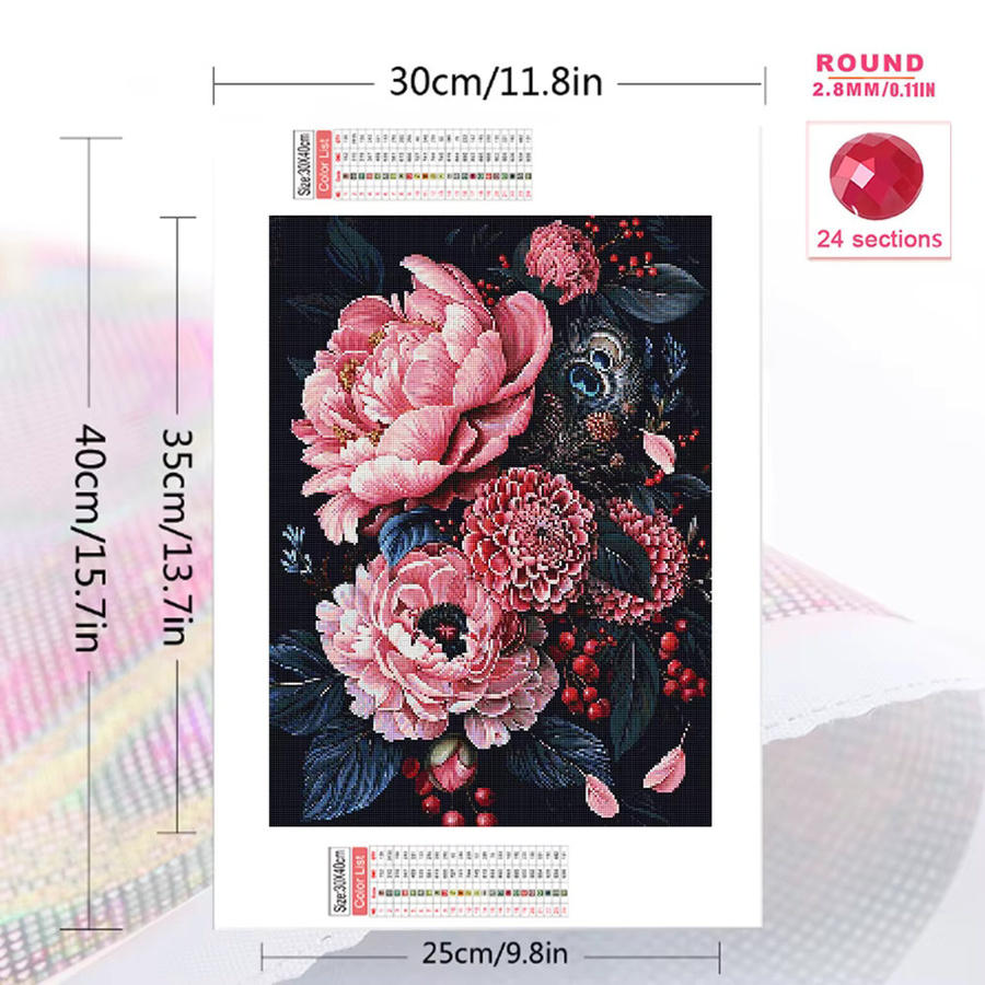Momoart Diamantstickerei Pfingstrose Blume DIY Malset als Rundes Mosaik Kreuzstich in Mehrfarbig B: 30,0 cm, H: 20,0 cm, T: 20,0 cm - Bild 2