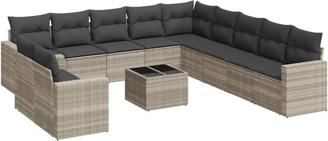 vidaXL 12-tlg. Garten-Sofagarnitur in L-Form aus Poly-Rattan mit Kissen in Hellgrau - Bild 1