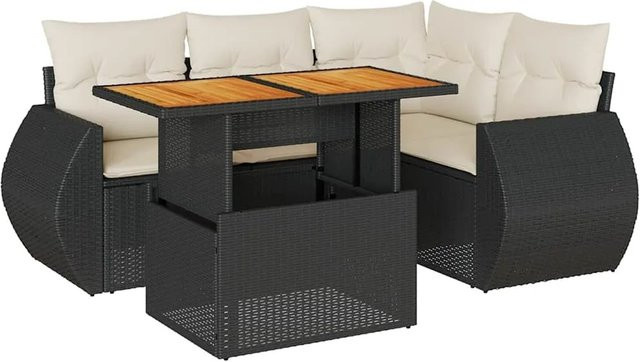 vidaXL 5-tlg Garten-Sofagarnitur in L-Form aus Poly-Rattan und Akazienholz mit Kissen in Schwarz-Creme - Bild 1
