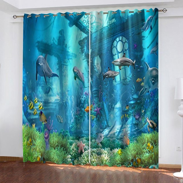 Yiran Furniture Vorhänge mit Meereswelt-Delfin-Motiv in Blau, 2er-Set mit Haken, B: 75 cm, H: 166 cm - Bild 1