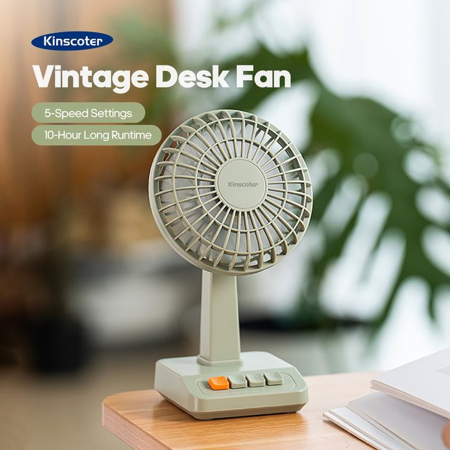 Kinscoter Vintage-Schreibtischventilator in Beige mit 2000 mAh Akku, wiederaufladbarer Mini-Luftzirkulator mit 5 Geschwindigkeitsstufen und winkelverstellbarer Funktion - Bild 1