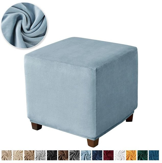 Yiran Furniture Ottomanenbezug aus Samt in Blau, Waschbarer Stretch Hockerbezug für Wohnzimmer und Schlafzimmer - Bild 1