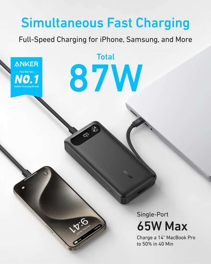 Anker Powerbank mit 20.000mAh Kapazität und integriertem USB-C-Kabel, 87W Schnelllade-Akku in Schwarz mit 2 USB-C und 1 USB-A Anschlüssen - Bild 2