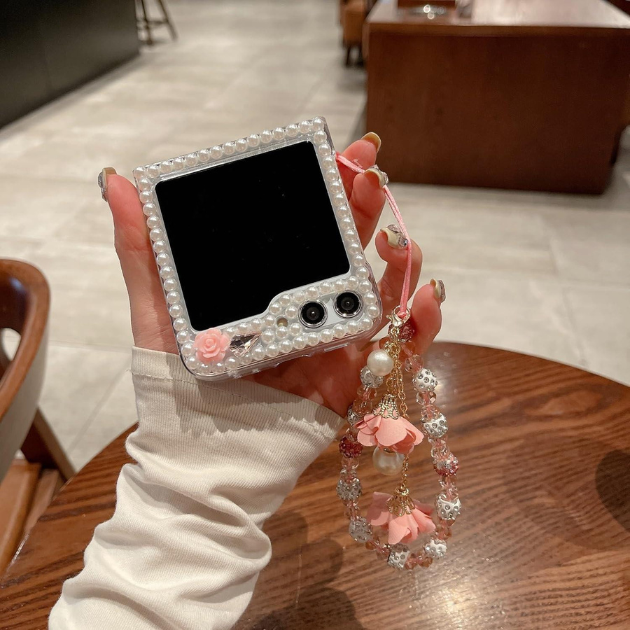 Glitzernde 3D Blume Diamant Hülle für Samsung Galaxy Z Flip 6 mit Handgelenkkette und Perlen in Multicolour - Bild 3