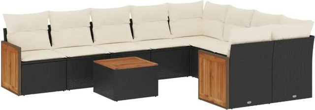 vidaXL 10-tlg. Garten-Sofagarnitur aus Poly-Rattan und Akazienholz in Schwarz mit Kissen - Bild 1