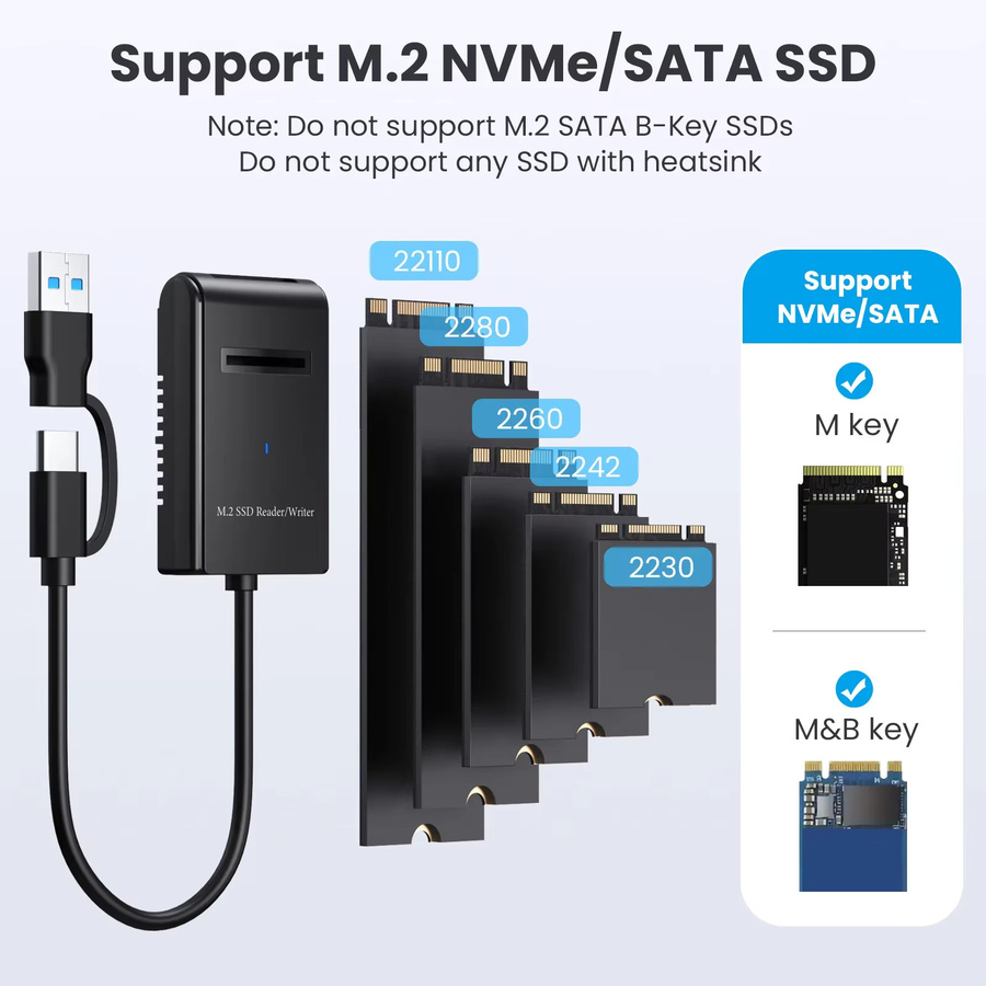 M.2 auf USB Typ-C SSD-Adapter Dual-Protocol Easy Drive-Kabel 10 Gbit/s für NVMe SATA PCIe NGFF Festplatten, Schwarz - Bild 2
