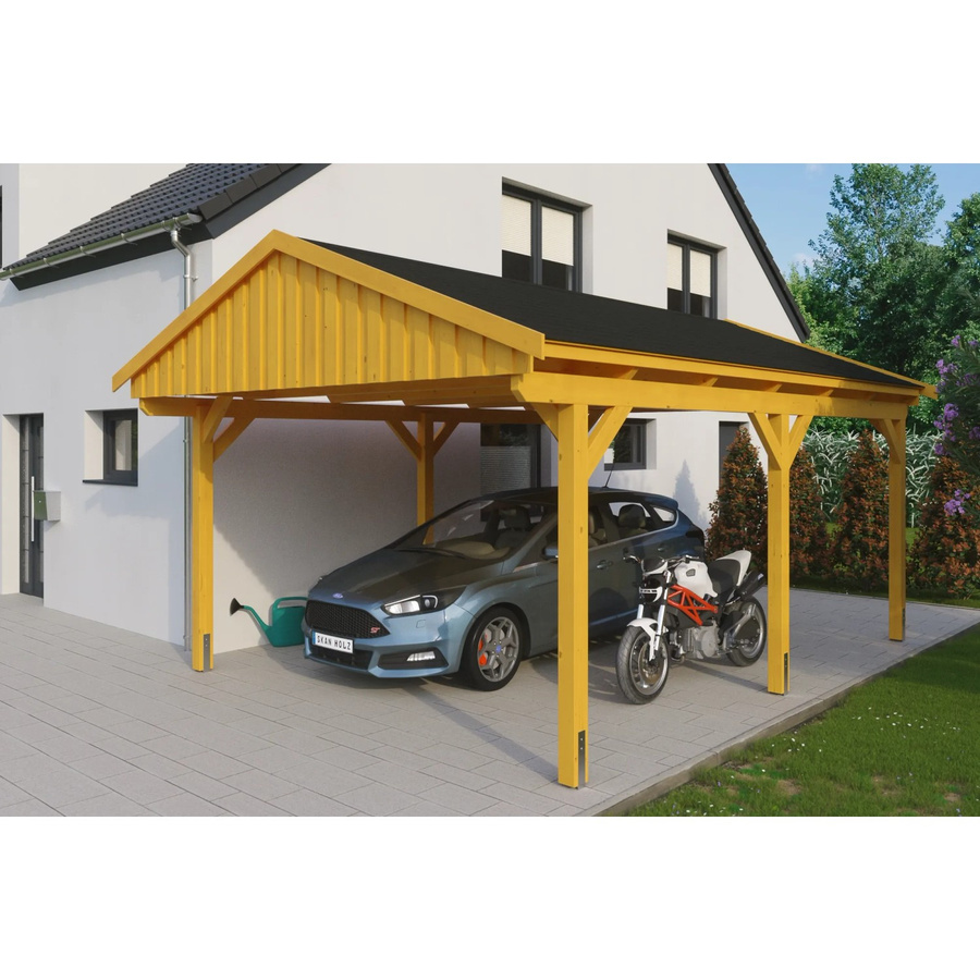 Skan Holz Carport Fichtelberg aus Fichte und Leimholz mit spitzer Dachform und Dachschindeln, Farbe: Eiche Hell, B/T: 423 x 566 cm, Höhe: 326 cm - Bild 2