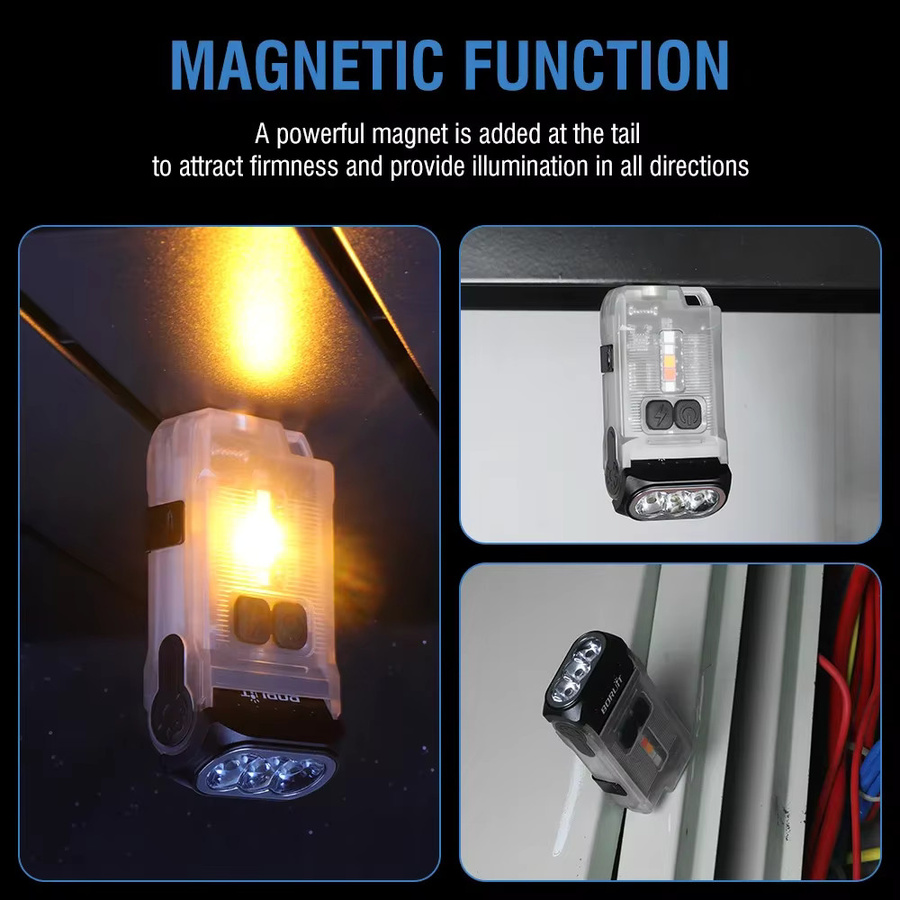 BORUiT V15 LED-Schlüsselanhänger Taschenlampe mit warmweißem Licht, wiederaufladbar via Typ C, mit Clip und Magnet, wasserdicht, Schwarz - Bild 3